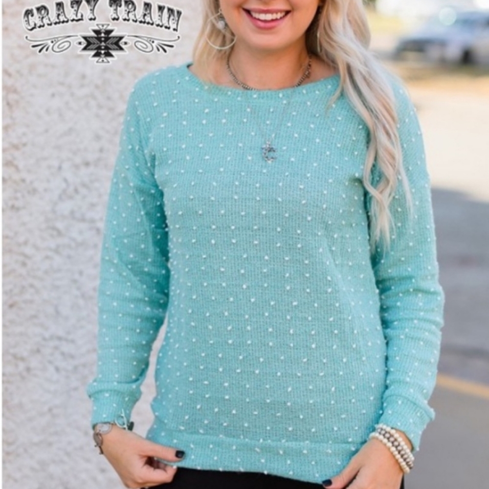 NWT! Crazy Train Sweater Women's Size XL Extra Large Turquoise White Dots NEW!